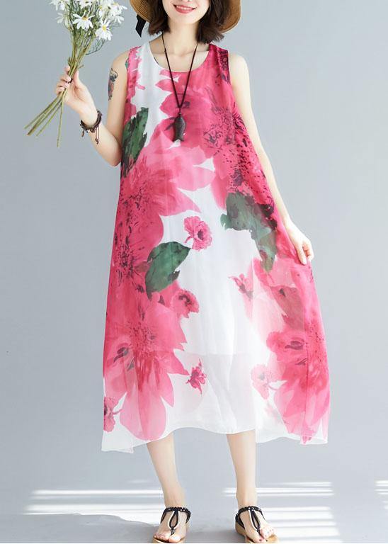 Women red floral cotton Tunic sleeveless Maxi summer Dresses