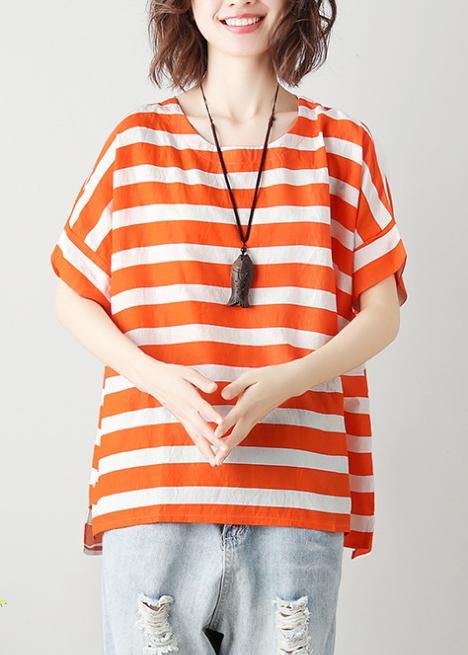 Natural orange striped cotton blouses for women o neck Batwing Sleeve Art top