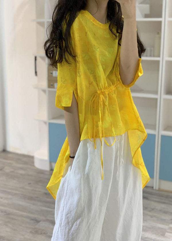 Simple yellow prints linen Long Shirts low high design box summer blouses