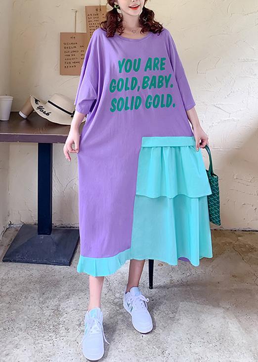 Bohemian purple Letter quilting clothes o neck patchwork loose Dresses