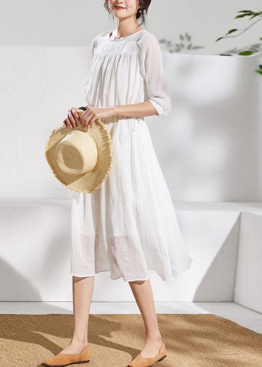 French white linen clothes For Women o neck half sleeve Midi summer Dress