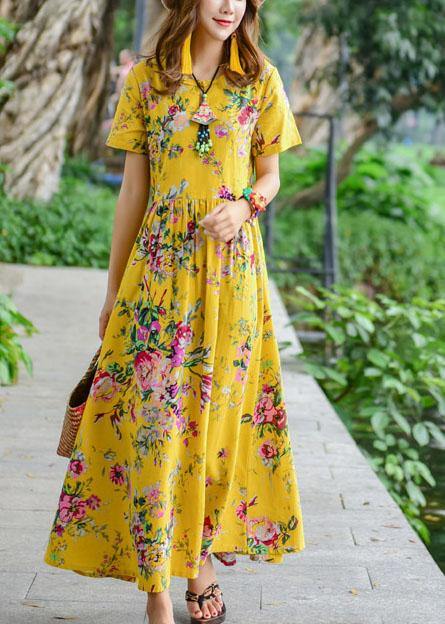 Women tie waist cotton quilting dresses design yellow print Dresses summer