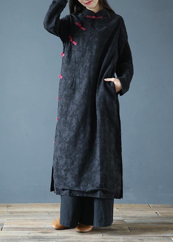 Simple black print clothes Women stand collar Chinese Button Kaftan Dresses