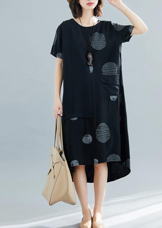 French black dotted o neck asymmetric cotton robes summer Dress