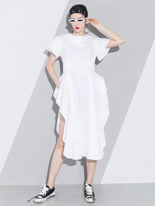 Handmade white Cotton o neck asymmetric A Line summer Dresses