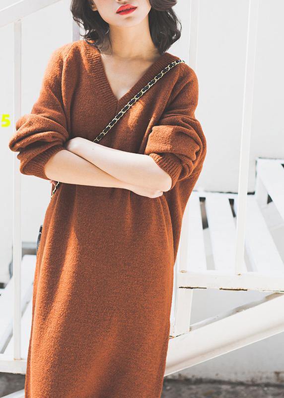 Vintage chocolate Sweater Wardrobes Street Style v neck baggy daily sweater dresses