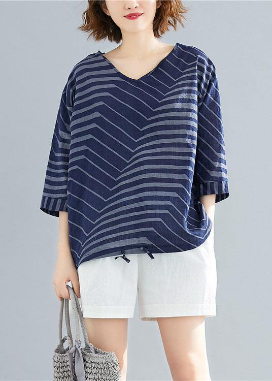 Women v neck cotton linen shirts blue striped short blouses summer