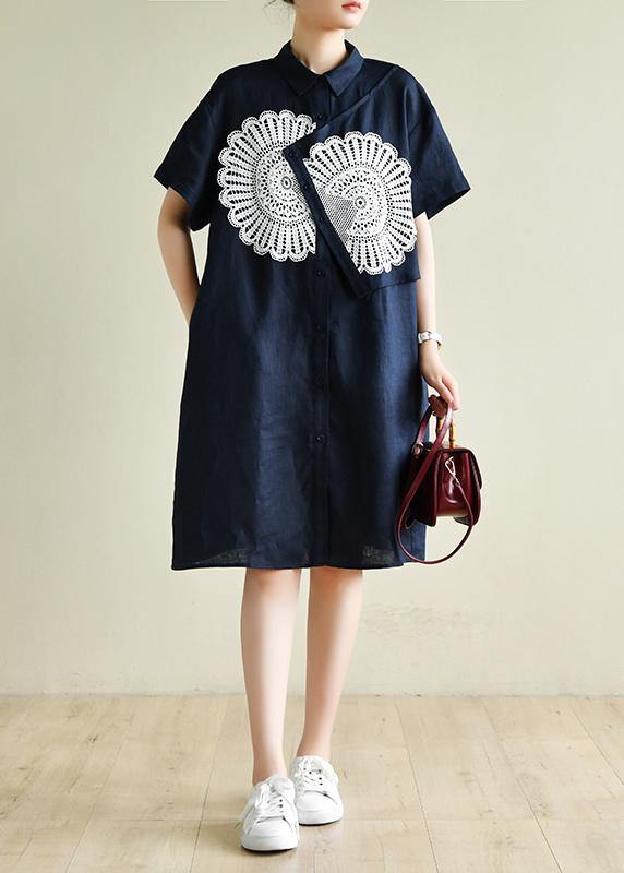 Unique navy tunic dress o neck patchwork lace Art summer Dress