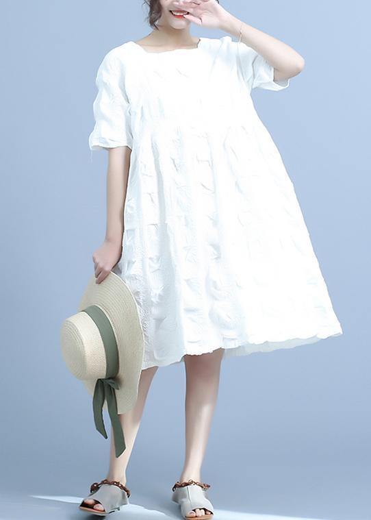 French cotton quilting white clothes plus size Pleated Loose Short Sleeve Summer Dress