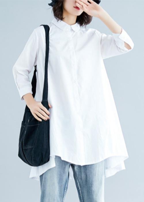 Loose white linen cotton Tunic Shirts lapel asymmetric tops