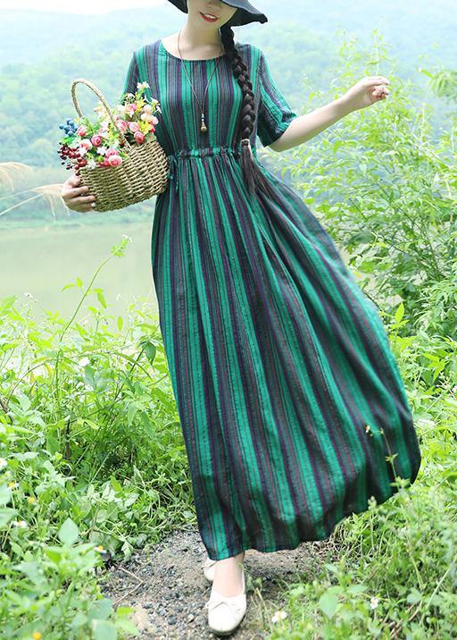 Women green striped cotton Long Shirts drawstring loose summer Dresses