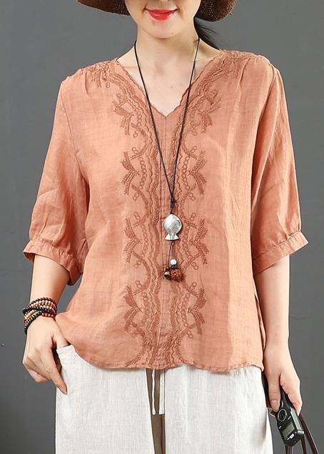 Natural v neck embroidery linen clothes For Women Sleeve orange blouses