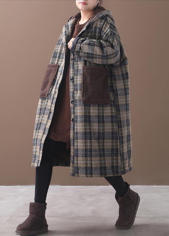 Elegant yellow plaid Plus Size Long coats Wardrobes patchwork pockets hooded coat