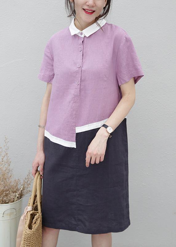 Organic lapel patchwork linen summerLong Shirts pattern purple Dress