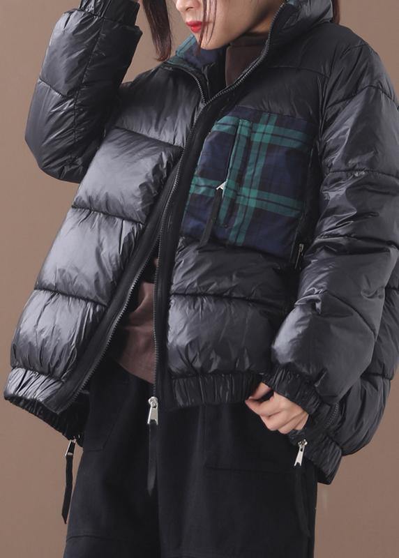 fine plus size down jacket patchwork plaid coats black winter side zippered warm winter coat