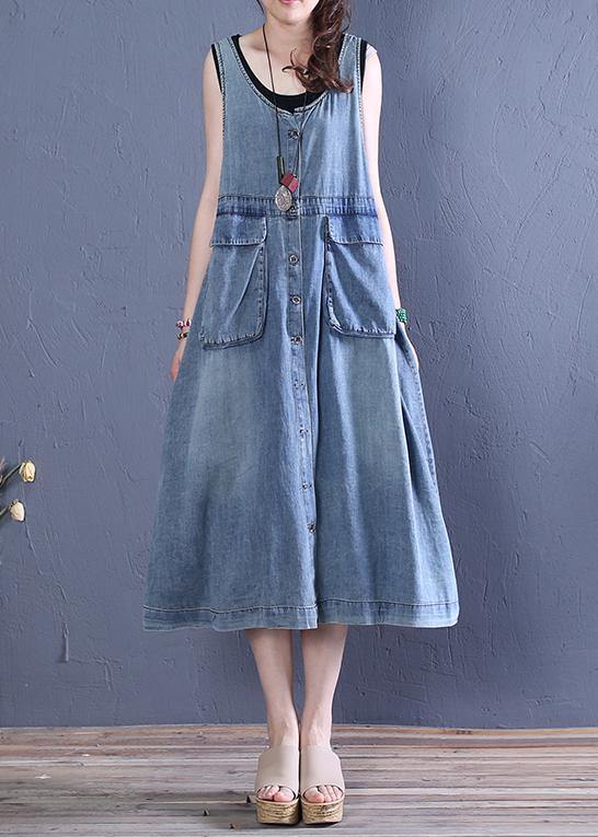 Women o neck pockets Cotton summer Tunics Tutorials denim blue Dresses