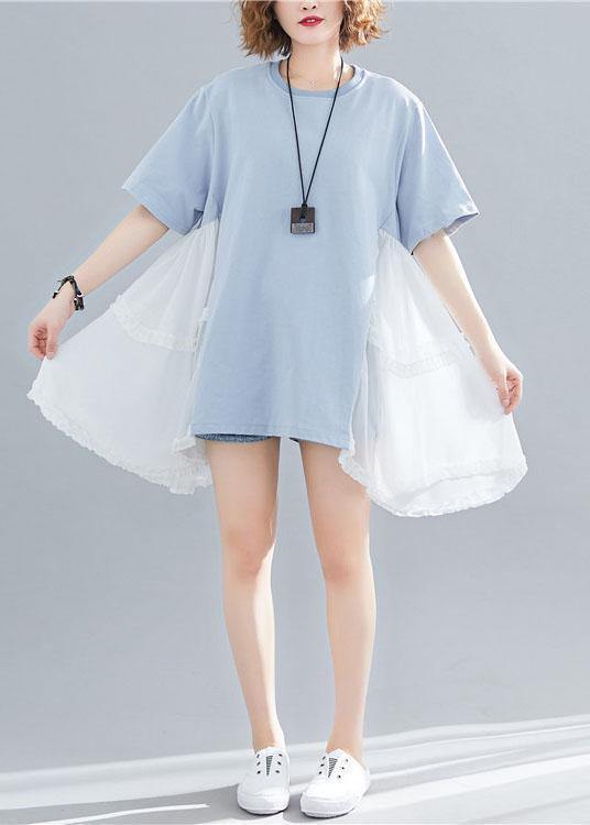 Style asymmetric hem cotton clothes For Women Photography blue patchwork shirt summer