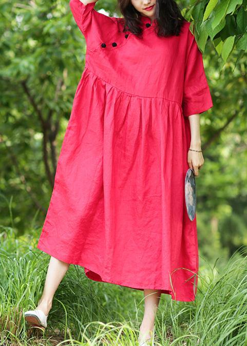 Bohemian red cotton Tunics stand collar Cinched A Line Dresses