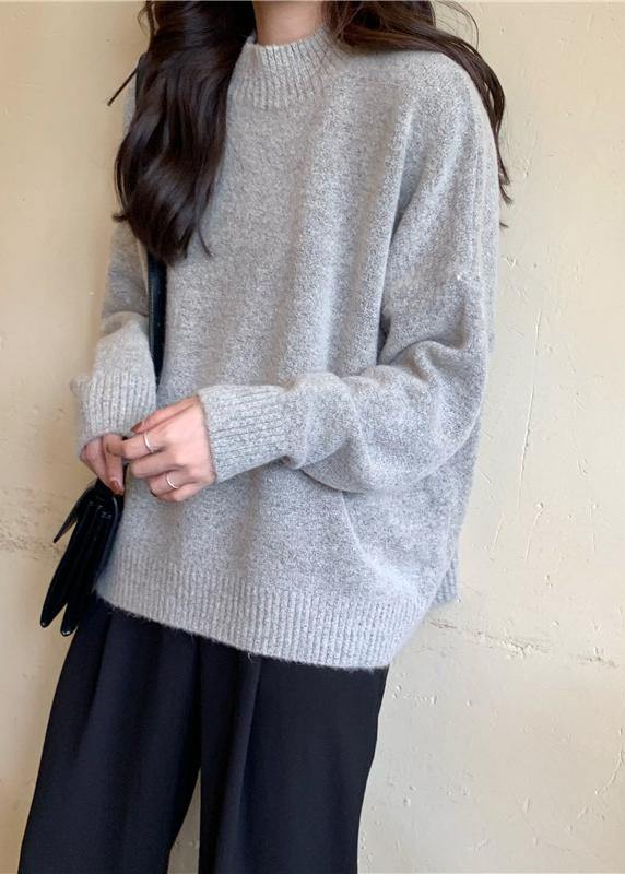 Cozy fall gray knit tops fall fashion high neck knit blouse