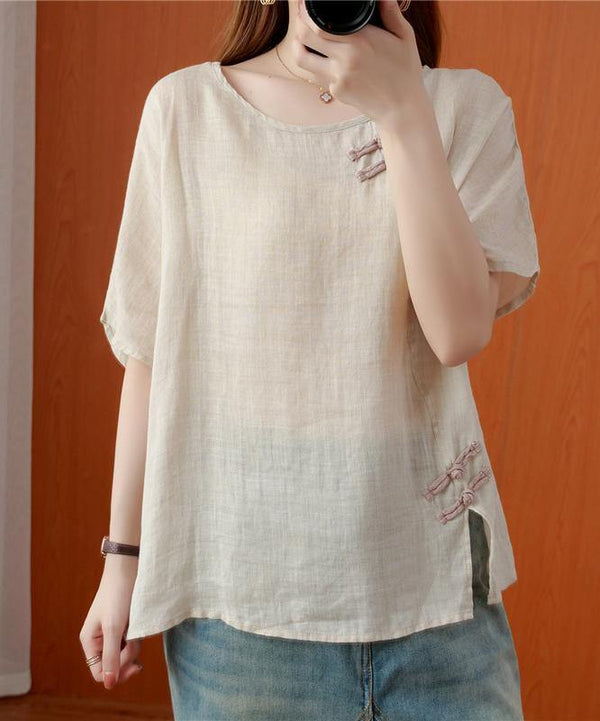 DIY beige blouses for women o neck Chinese Button blouses