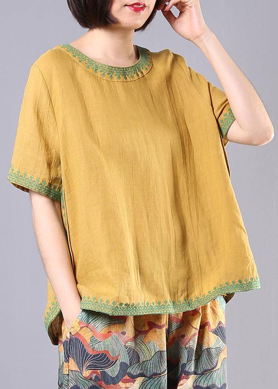 Women embroidery cotton linen Tunic yellow loose shirts summer