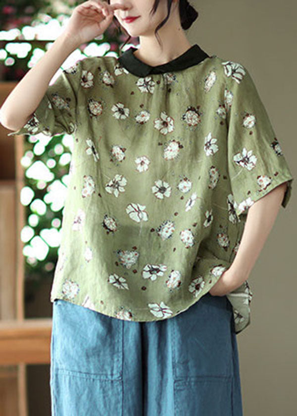 Plus Size Blackish Green Colorblock Patchwork Linen Shirt Top Short Sleeve