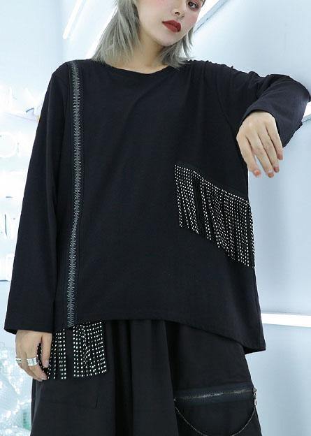 Natural tassel cotton clothes pattern black pullover fall