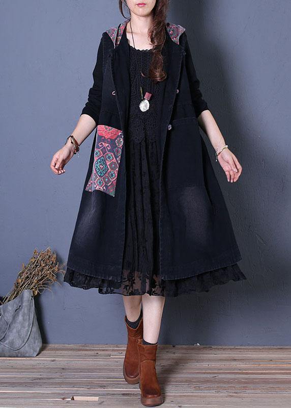 Fine oversized maxi coat fall black patchwork hooded coats