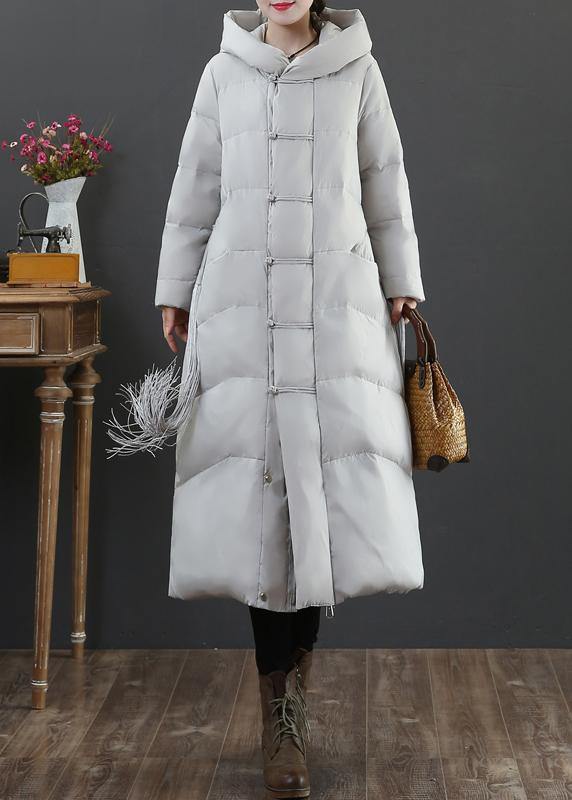 Warm light gray duck down coat plus size winter jacket hooded zippered Elegant overcoat