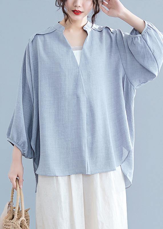 Unique v neck batwing sleeve cotton linen tops women gray Plus Size blouses summer