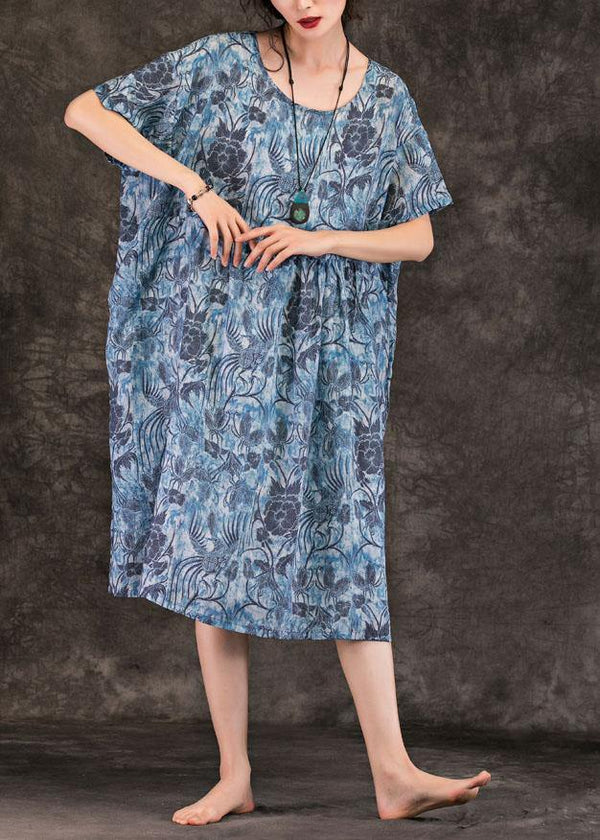 Simple blue print linen clothes o neck pockets loose summer Dress