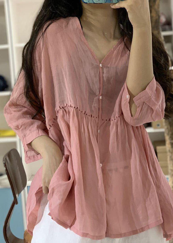 Women v neck linen shirts women pattern pink blouse fall