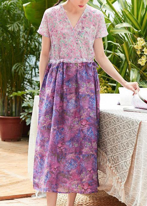 Beautiful pink print linen clothes For Women v neck patchwork long summer Dress