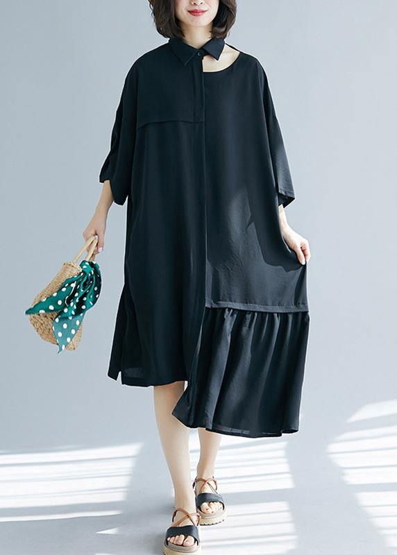 Bohemian black clothes lapel asymmetric cotton summer Dress