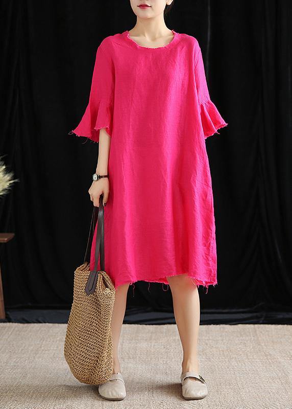 Modern o neck Petal Sleeve cotton linen clothes Women Runway rose Dress