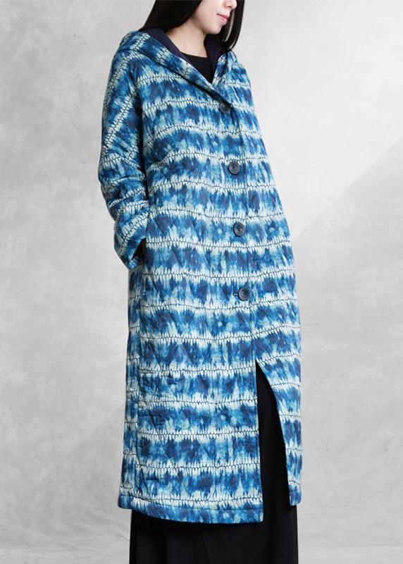 fashion blue print parka Loose fitting down hooded Button outwear