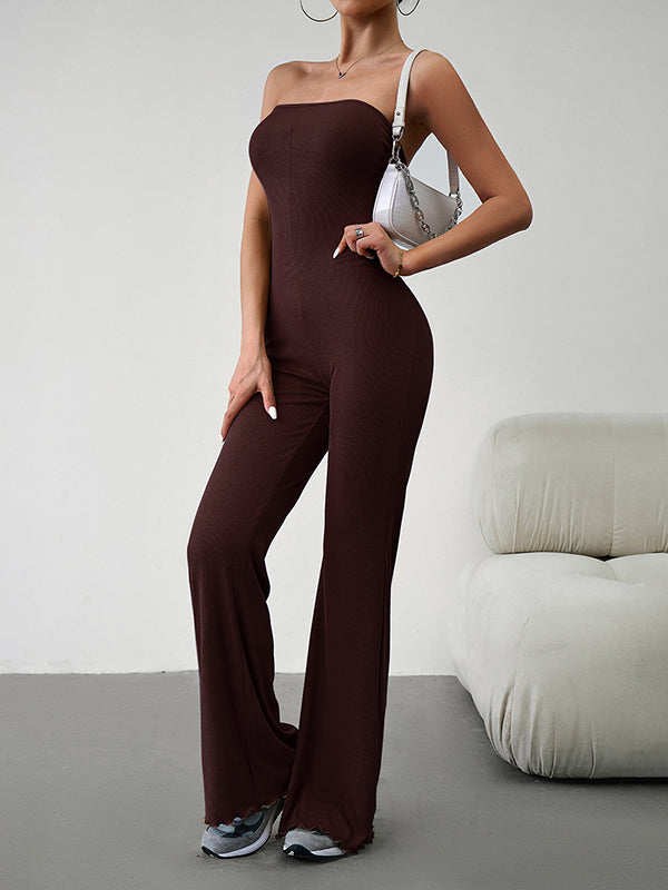 Bodycon Flared Pants Bandage Solid Color Tied Tube Jumpsuits