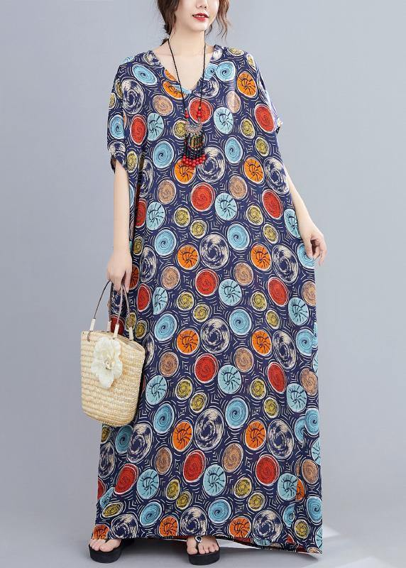 Italian v neck Batwing Sleeve blue dotted Maxi Dresses