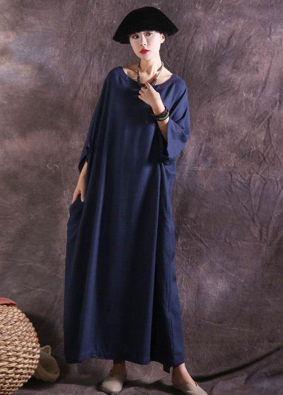 DIY o neck linen cotton Robes Photography blue summer Dress solid color