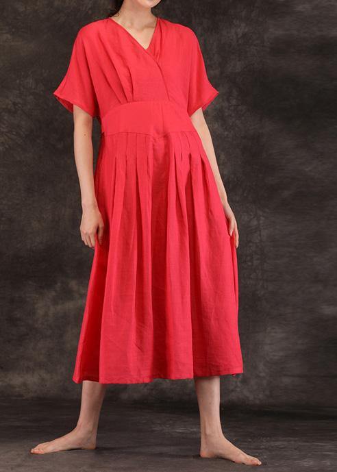 Women v neck tie waist linen clothes For Women Inspiration red Dress summer