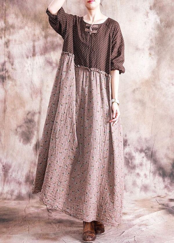 DIY o neck patchwork linen cotton clothes For Women Neckline brown print Dress fall