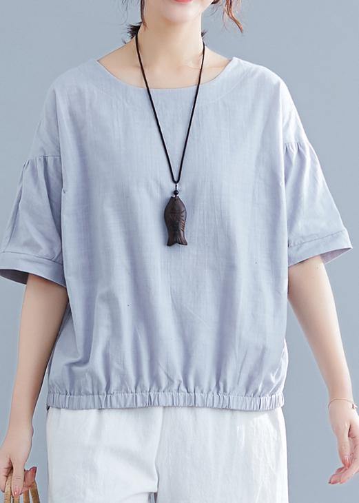 Handmade light gray cotton linen shirts women o neck half sleeve summer tops