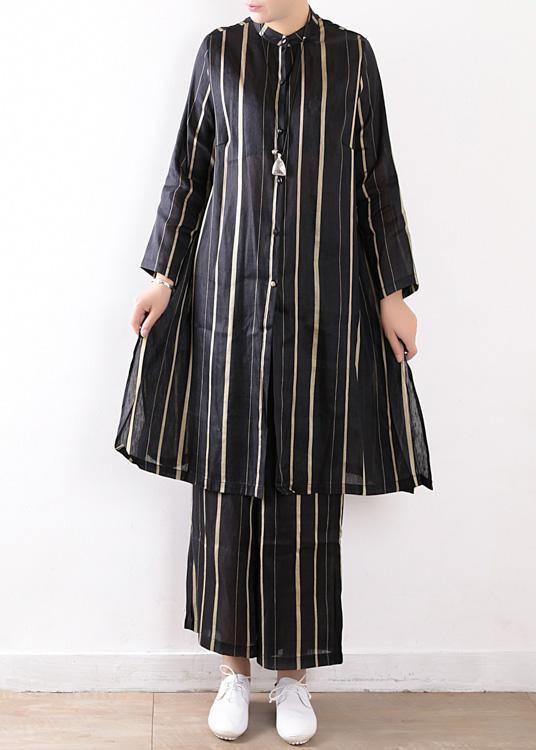 women fashion linen black two pieces long sleeve silk shirt with wide leg pants