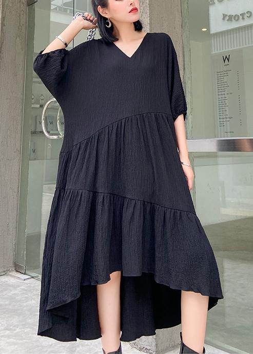 Women v neck low high design cotton summer black Kaftan Dress