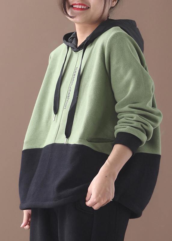 Italian patchwork cotton hooded Tops green pullover