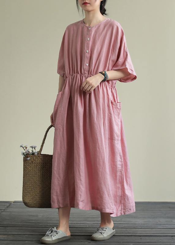 DIY o neck elastic waist linen summer dress Wardrobes pink Dresses