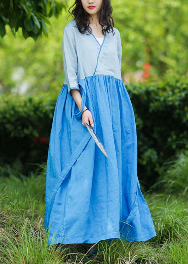 Natural v neck patchwork linen summer Long Shirts pattern blue Dresses