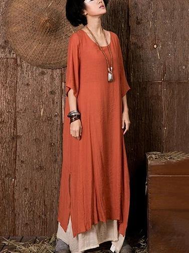 Vivid o neck side open linen summerdresses Outfits orange Dresses