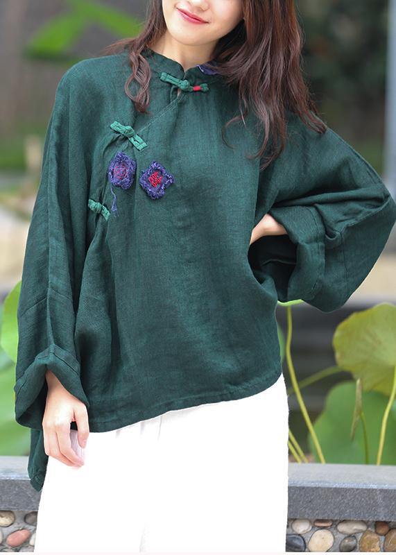 Women green top silhouette stand collar Batwing Sleeve Knee top