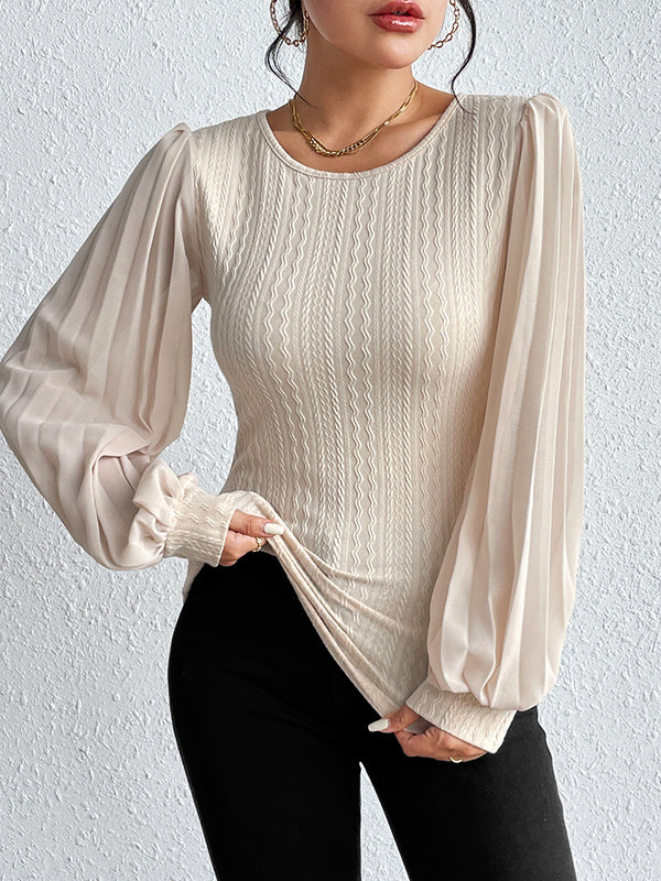 Long Sleeves Loose Pleated Solid Color Split-Joint Round-Neck T-Shirts Tops